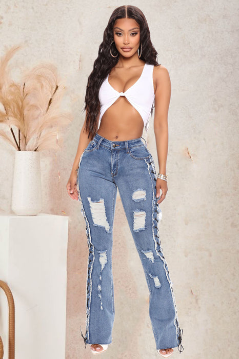 Women Clothing Eyelet Rope High Elasticity Sexy Slim Ripped Denim Trousers