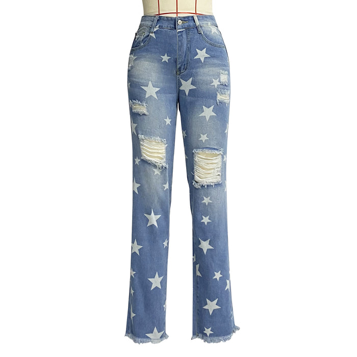 Print Denim Trousers Washed Torn Ripped Slimming Jeans Women