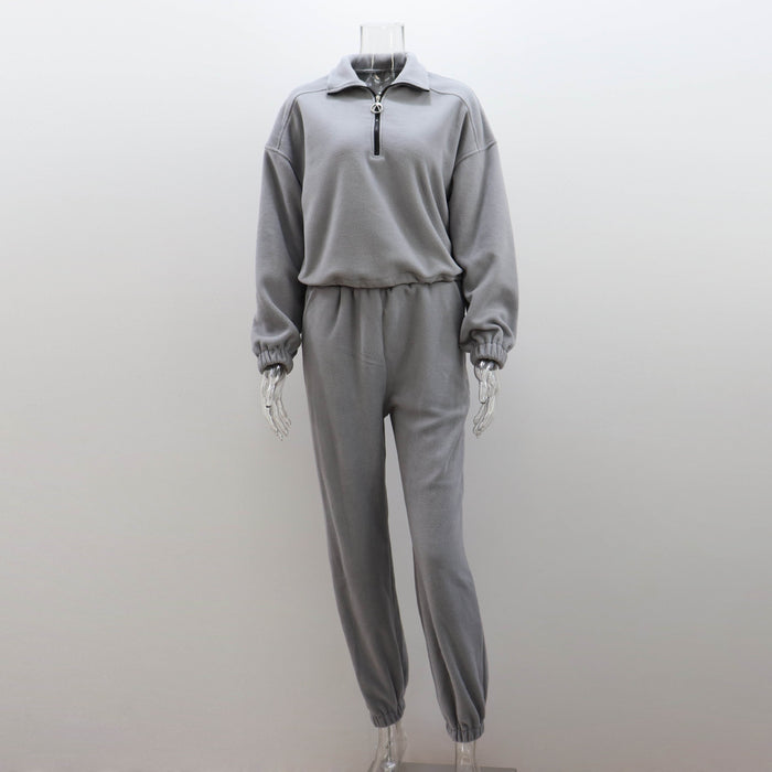 Fleece Sweater Suit Women Autumn Winter Polo Collar Top Casual Pants Two Piece Set Women