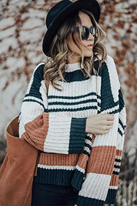 Autumn Winter Women Loose Pullover Patchwork Thick Knitwear Striped Sweater