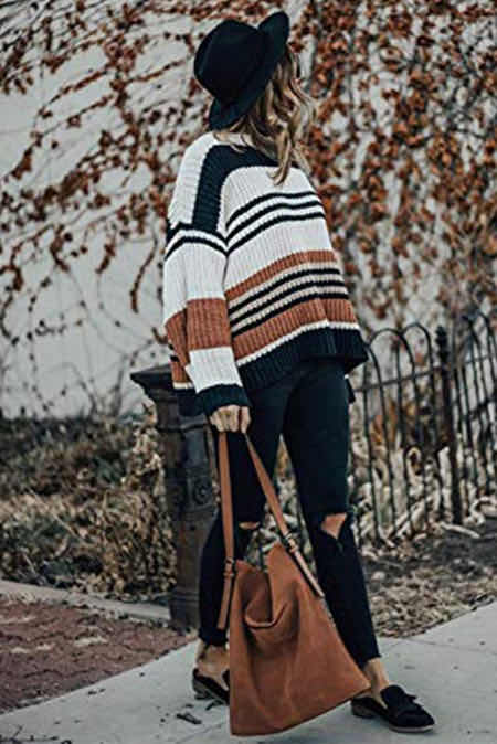 Autumn Winter Women Loose Pullover Patchwork Thick Knitwear Striped Sweater