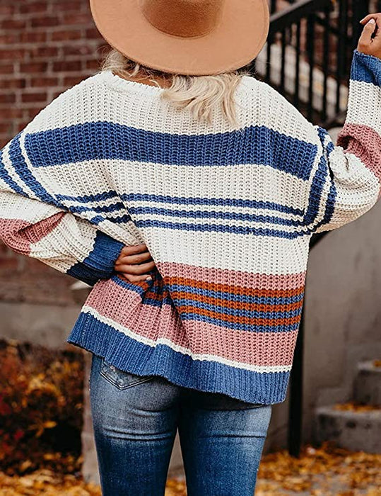 Autumn Winter Women Loose Pullover Patchwork Thick Knitwear Striped Sweater