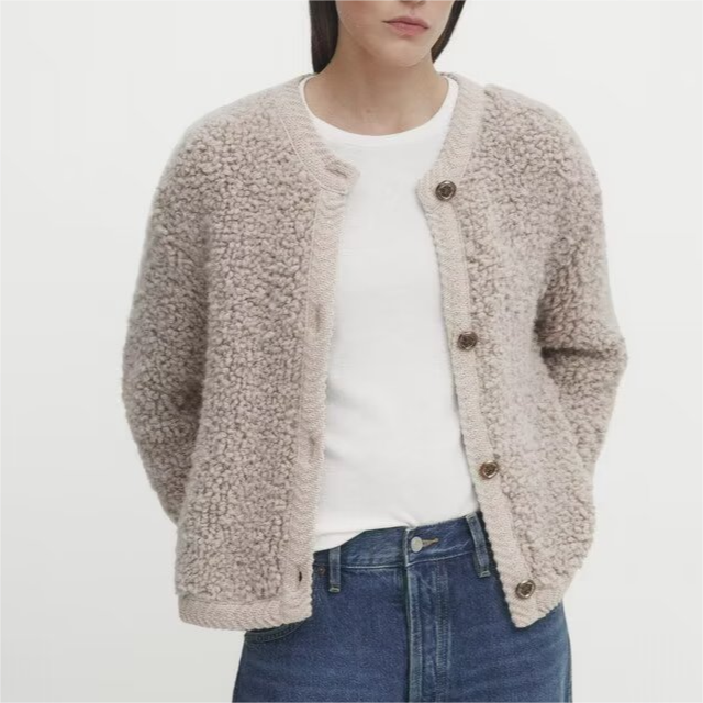 Autumn Women Clothing Button Decoration Terry Yarn Knitted Cardigan round Neck Women Coat