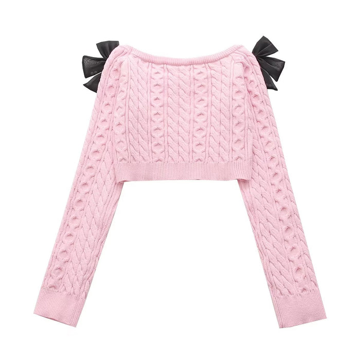 Bow Sweater Early Spring All Matching Youthful Looking Loose Puff Sleeves Mohair Knitwear