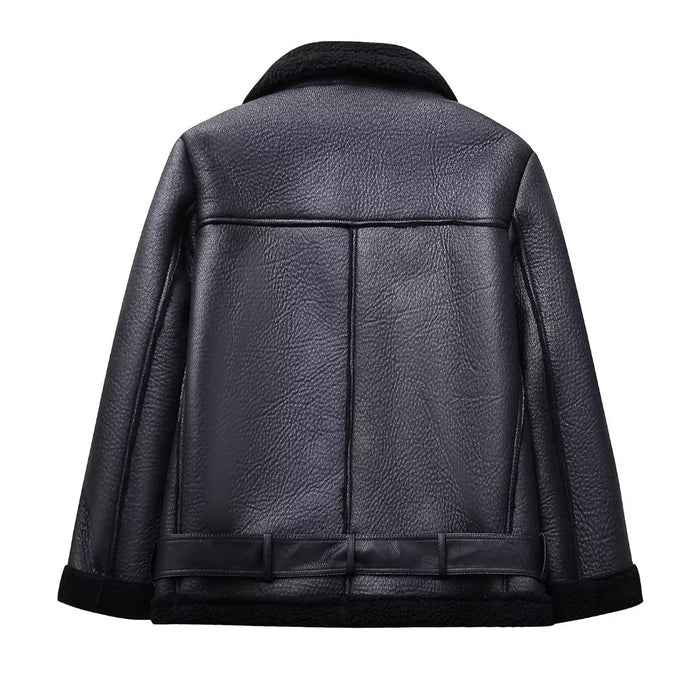 Motorcycle Personalized Trendy Grace Collared Baggy Coat Fall Winter Oblique Zipper Warm Leather Coat