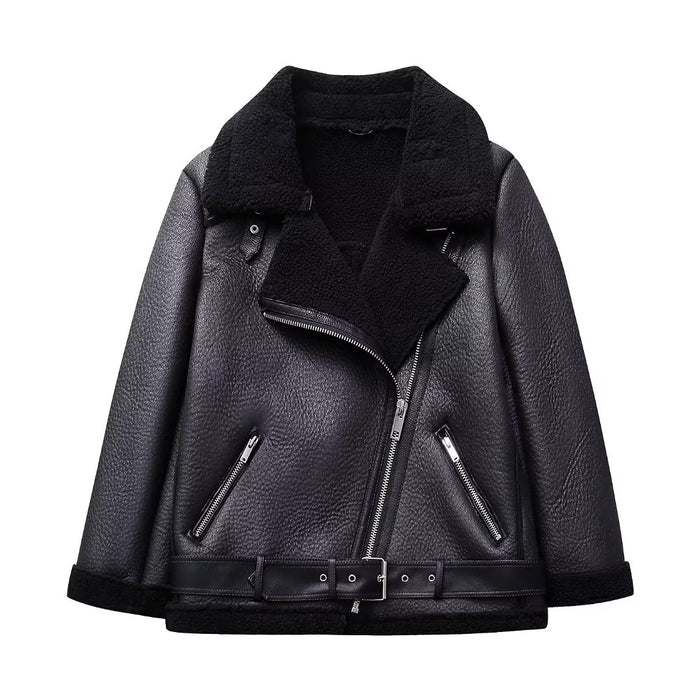 Motorcycle Personalized Trendy Grace Collared Baggy Coat Fall Winter Oblique Zipper Warm Leather Coat