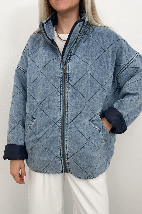 Autumn Women Denim Quilted Cotton Padded Collared Loose Double Pocket Jacket