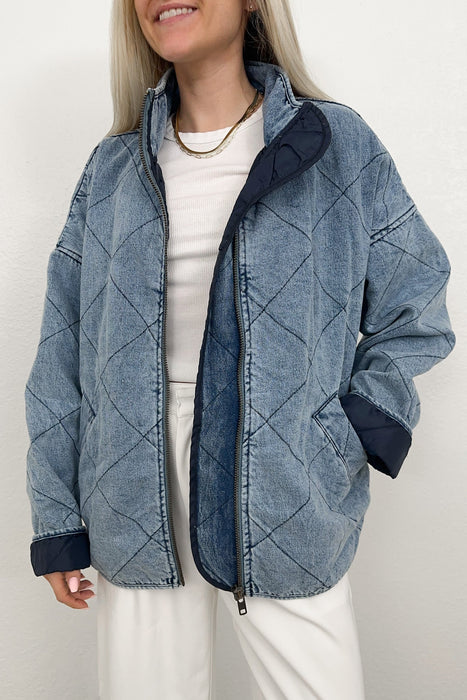 Autumn Women Denim Quilted Cotton Padded Collared Loose Double Pocket Jacket