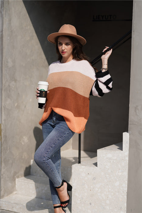 Autumn Winter Women Color Splicing Knitwear Pullover Office Loose Sweater Women