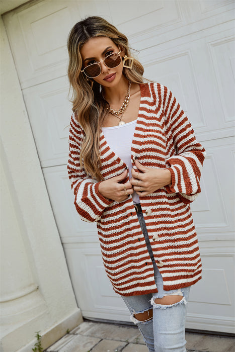 Autumn Winter Fashionable Striped Knitted plus Size Loose Idle Brown Single Breasted V neck Cardigan Sweater