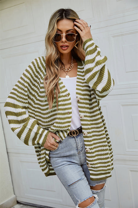 Autumn Winter Fashionable Striped Knitted plus Size Loose Idle Brown Single Breasted V neck Cardigan Sweater