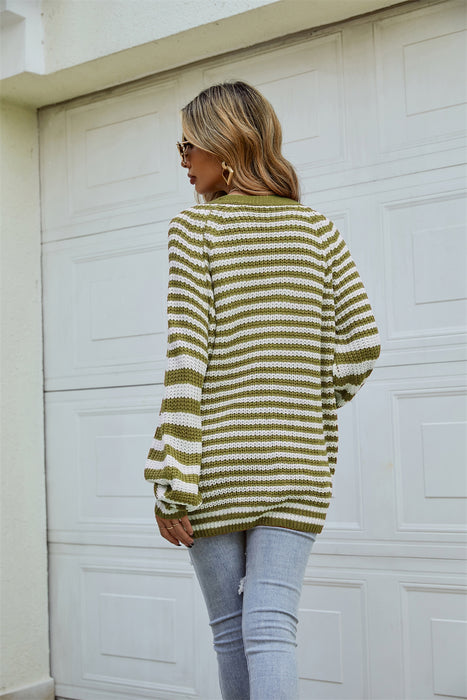 Autumn Winter Fashionable Striped Knitted plus Size Loose Idle Brown Single Breasted V neck Cardigan Sweater