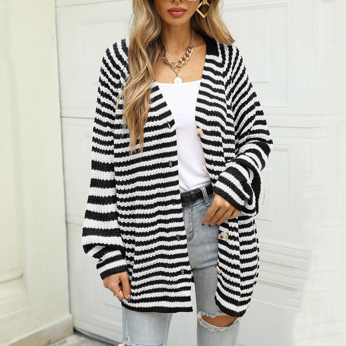 Autumn Winter Fashionable Striped Knitted plus Size Loose Idle Brown Single Breasted V neck Cardigan Sweater