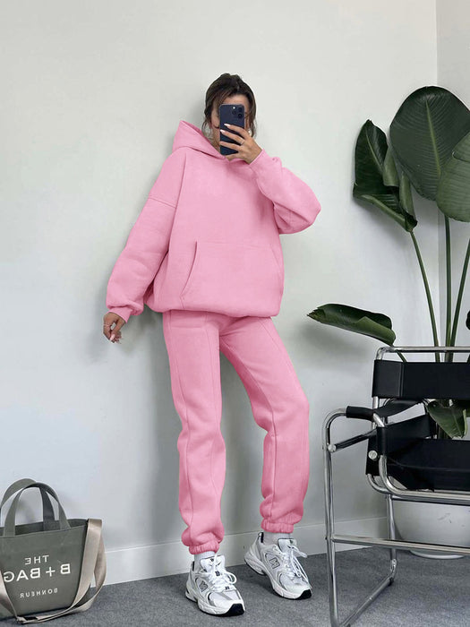 Autumn Winter Solid Color Thickened Brushed Hoody Two Piece Set Casual Trousers Suit