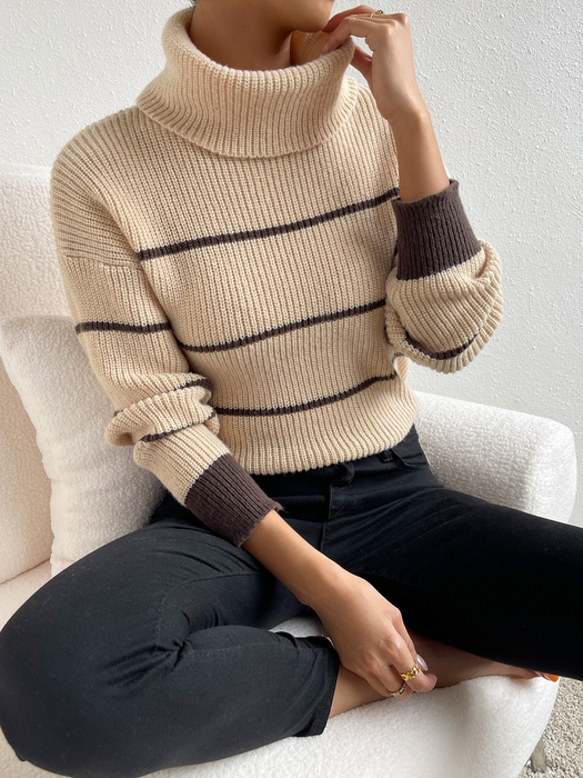 Casual Striped Contrast Color Top High Necked All Matching Casual Sweater Loose Sweater