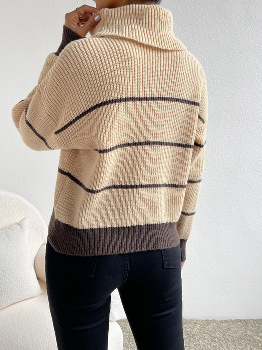 Casual Striped Contrast Color Top High Necked All Matching Casual Sweater Loose Sweater