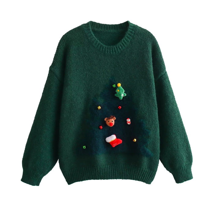 Women Autumn Winter Christmas Tree Atmosphere Round Neck Pullover Knitted Sweater