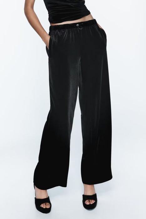 Winter Women Street Elastic Waist Velvet Wide Leg Pants