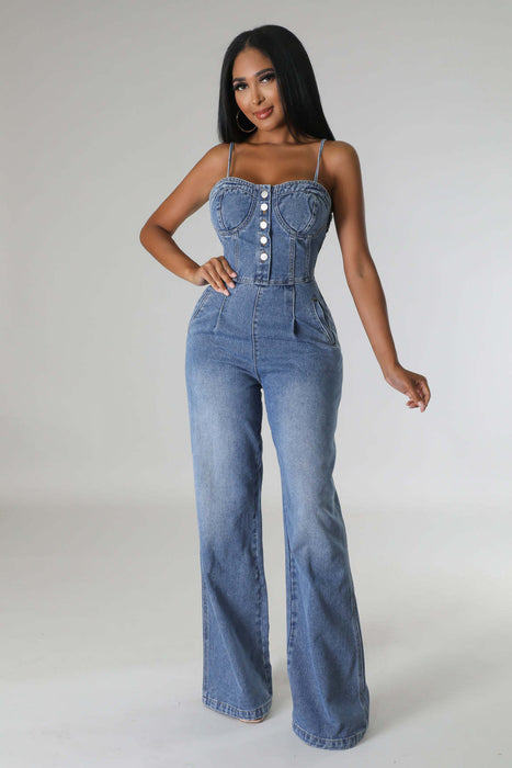 Women Casual Sexy Strap Denim Jumpsuit Wide Leg Pants Bell Bottom Pants