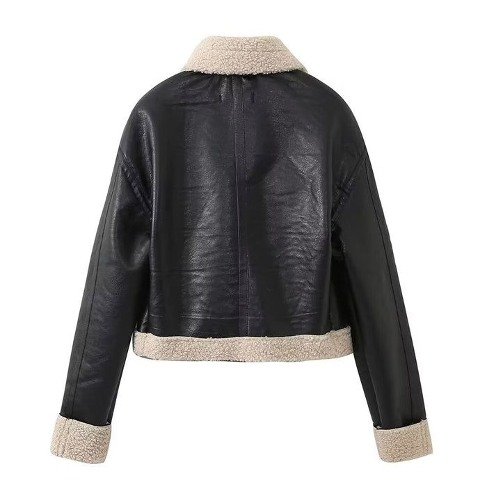 Sexy Collared Fur Coat Women Winter Side Zipper Short Temperamental Top Faux Leather Jacket