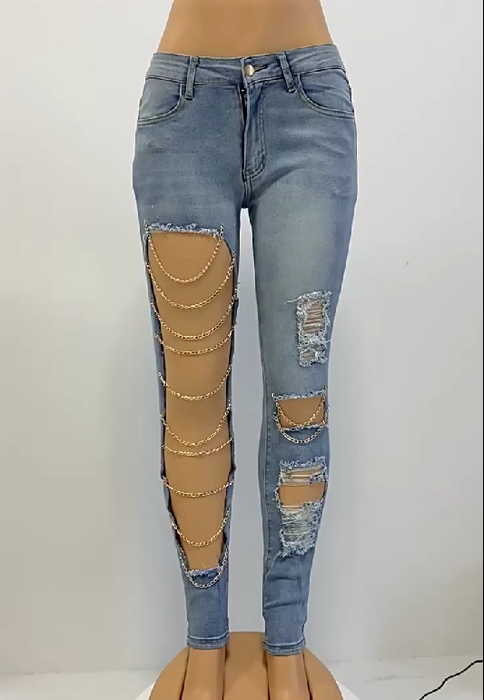 Large Ripped Slim Jeans Women Chain Ornaments Skinny Pants