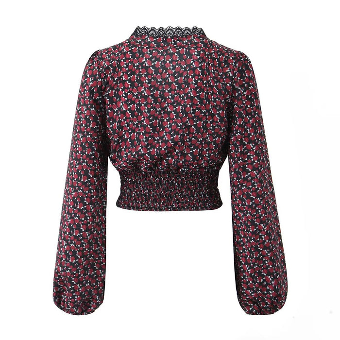 Spring Summer Independent Station Sexy Floral V neck Lace Stitching Long Sleeved Shirt