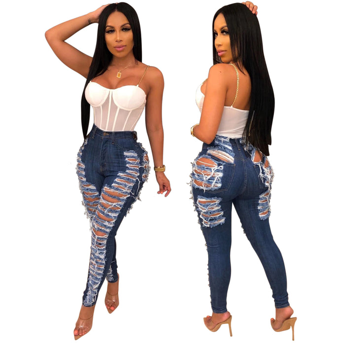 Sexy Ripped Cool Washed Slim Stretch Denim Skinny Pants Plus Size