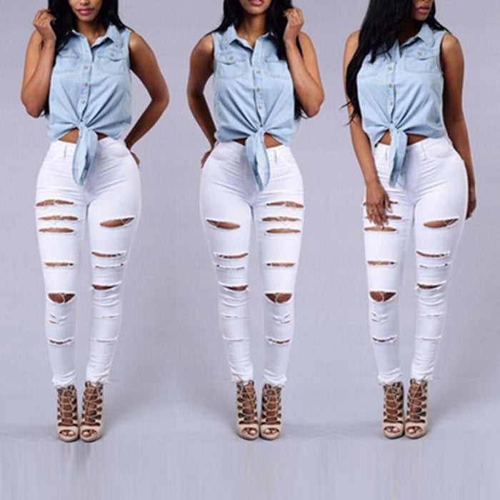 Women High Waist Summer Jeans Stretch Ripped Ankle Tied Denim Skinny Ankle Length Pants Women