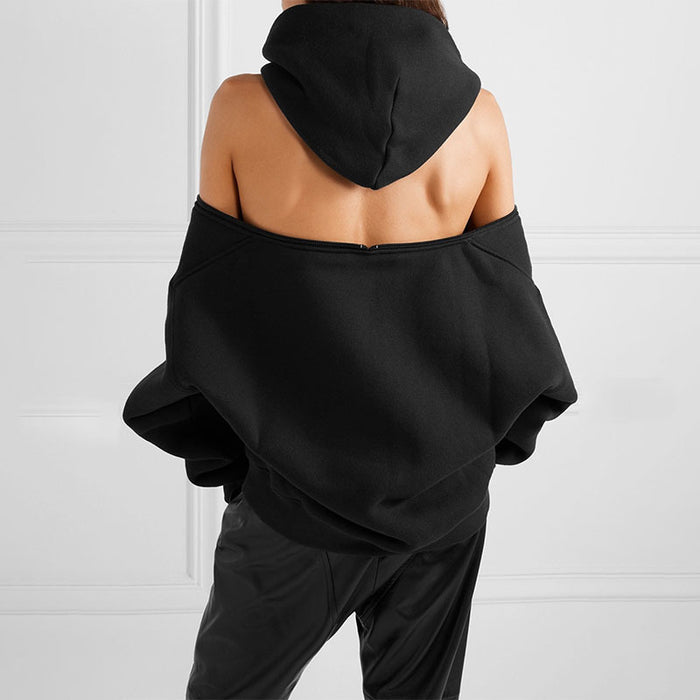 Spring Baggy Zipper Off Shoulder Top Hooded Thickened Women