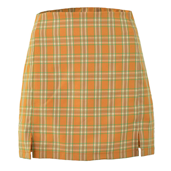 Hip Skirt Split Women High Waist Plaid Skirt