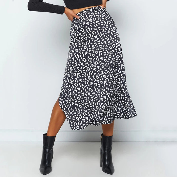 Spring Summer  Women Clothing Leopard Print Chiffon Floral Print Slit Skirt  Sexy Zipper High Waist Midi Skirt