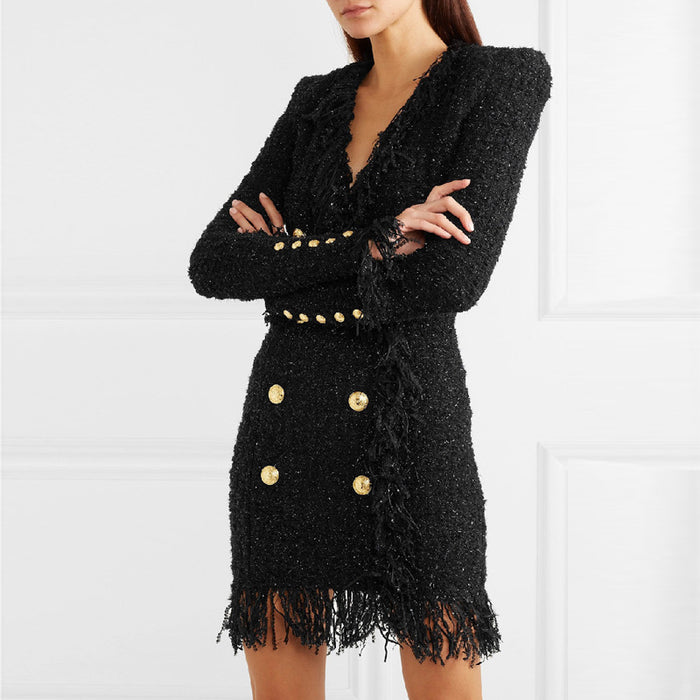 Bright Silk Woolen Tassel Double Breasted V neck Long-Sleeved Slim Fit  Short Dress Coat