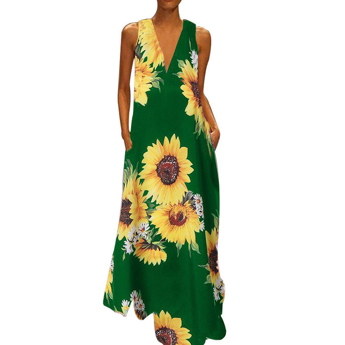 Popular Women Bohemian Printed Sunflower Dress V-neck Sleeveless Pocket Summer Daisy Dress