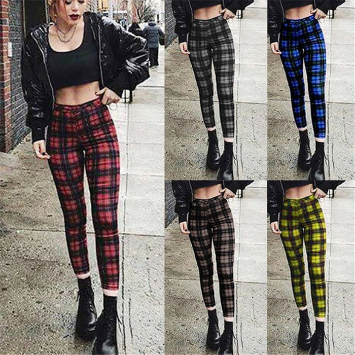 Popular Plaid High Waist Leggings Women Casual Pants Stretch Feet Pants Pencil Pants