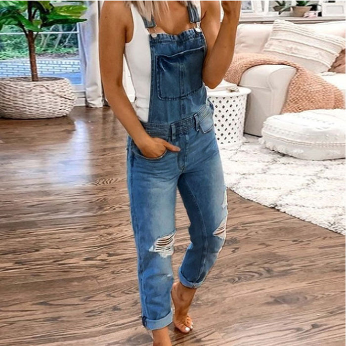 Ladies Suspender Pants Ripped Washed Slim Fit Bodysuit Suspender Pants Women