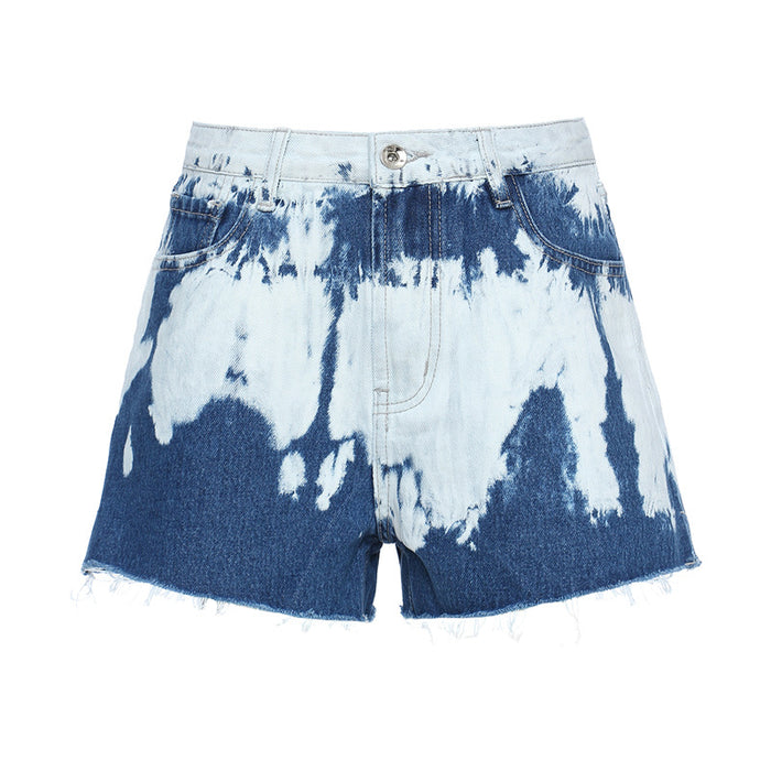 Positioning Tie Dye Pattern Denim Casual Shorts Straight Leg Pants Pants Women