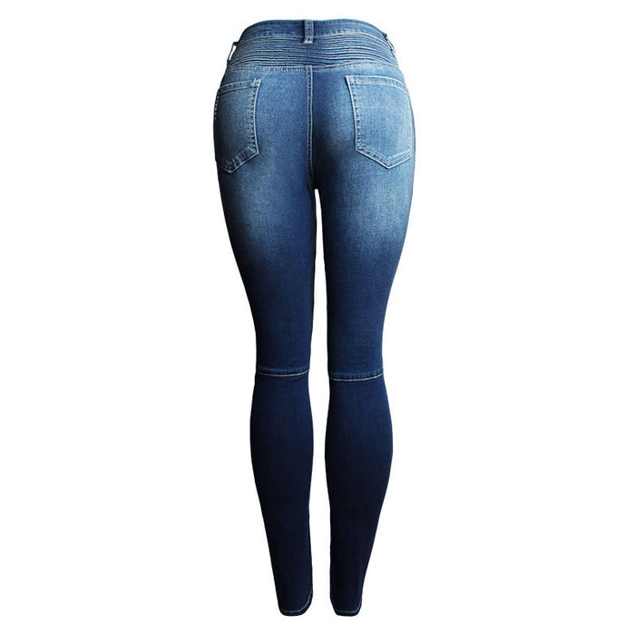 Women Clothing Ripped Slim Fit Stretch Slimming Mid Waist Women Denim Pencil Pants