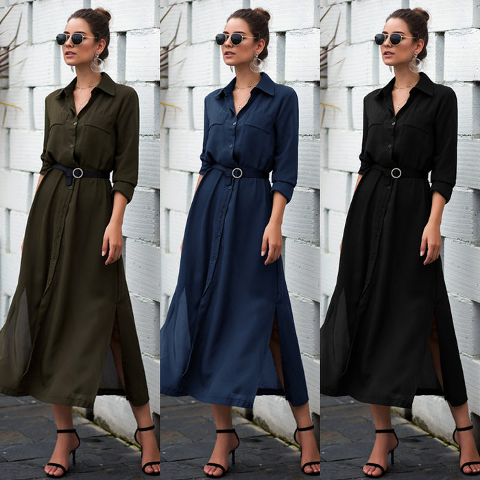 Button Collared Shirt Collar Maxi Dress Invulnerability Belt