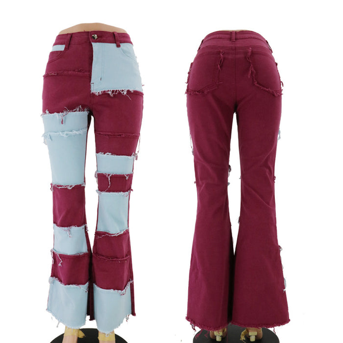 Spring New Big  Fashion Stitching High Waist Tight Hip Horn Women Denim Trousers