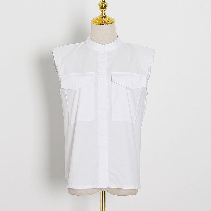 Fall Niche Design Elegant Sexy White Padded Shoulder Sleeveless Collared Shirt Top