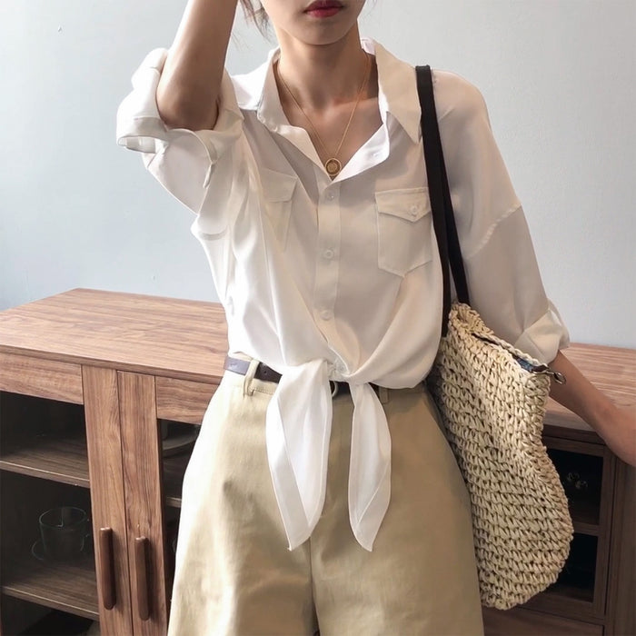 Autumn Retro Hong Kong Loose Lace up Shirt Women Western Top