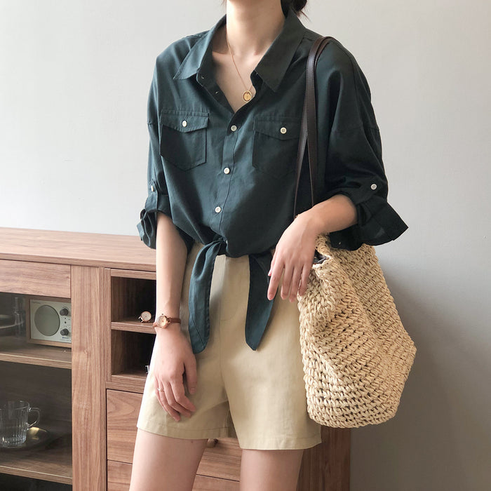 Autumn Retro Hong Kong Loose Lace up Shirt Women Western Top