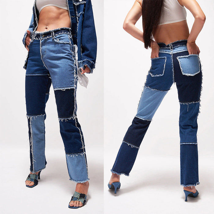 Big Variegated Stitching High Waist Tight Hip Women Clothing Straight-leg Denim Trousers