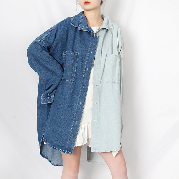 Spring Korean Casual Polo Collar Single Breasted Contrast Color Loose Batwing Long Sleeve Denim Trench Coat