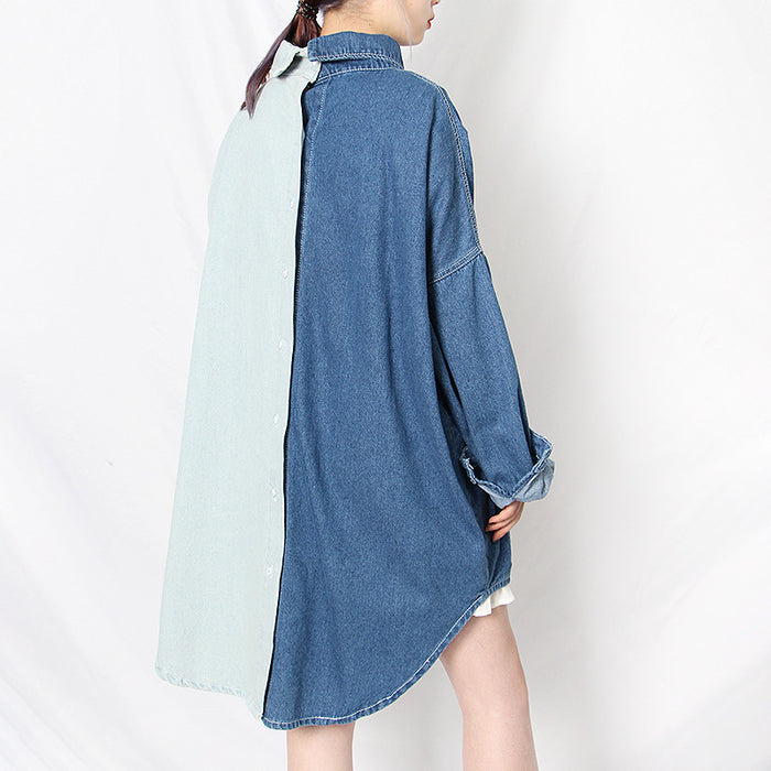 Spring Korean Casual Polo Collar Single Breasted Contrast Color Loose Batwing Long Sleeve Denim Trench Coat