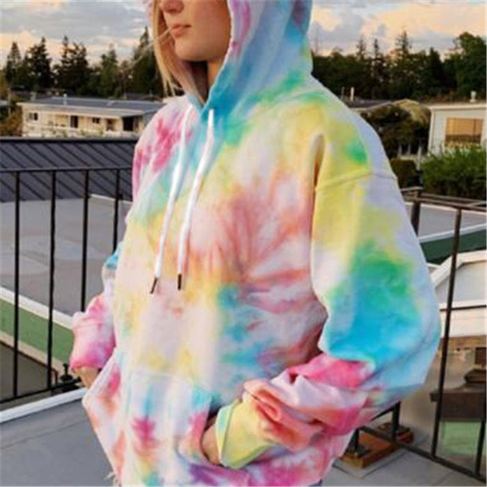 Street Women Clothing Loose Hooded Tie-Dyed Printed Casual Large Hoody Top