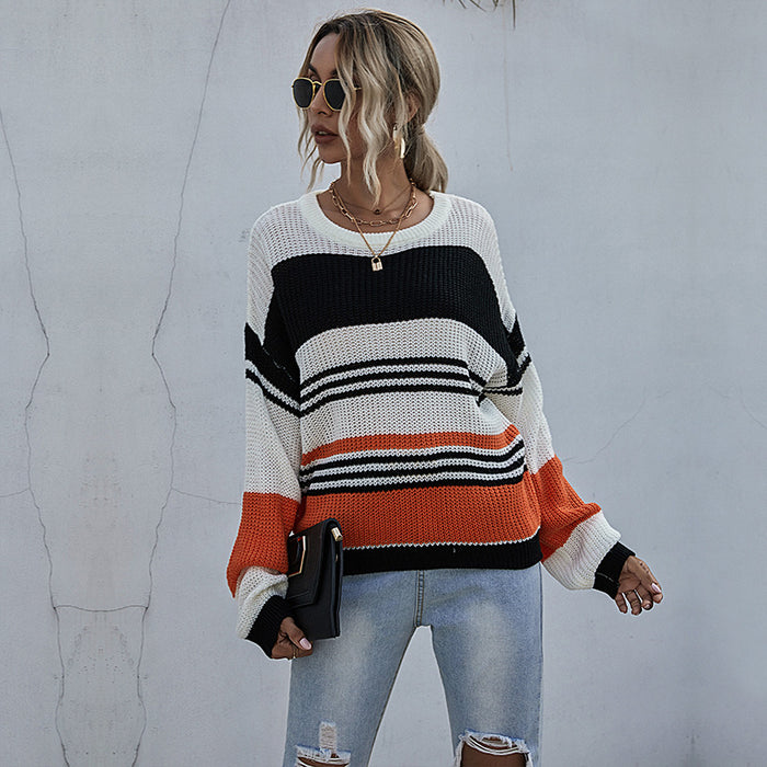 Three Color Patchwork Stripes Knitted Sweater Women Loose Long Sleeve Autumn