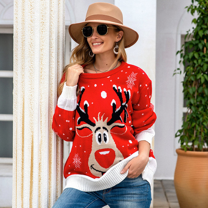 Autumn Winter Sweater Women Loose Idle Pullover Elk Jacquard Sweater