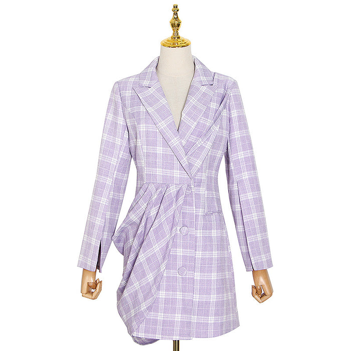 Women  Design Dress Autumn Waist-Controlled Slimming Long Sleeve Pleated Asymmetric Plaid Blazer Dress