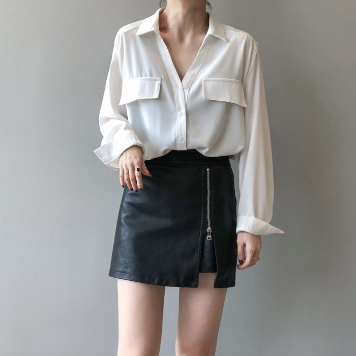 Spring Korean Retro Simple Shirt Women Solid Color Elegant Slim-Fit Long Sleeves Shirt Women